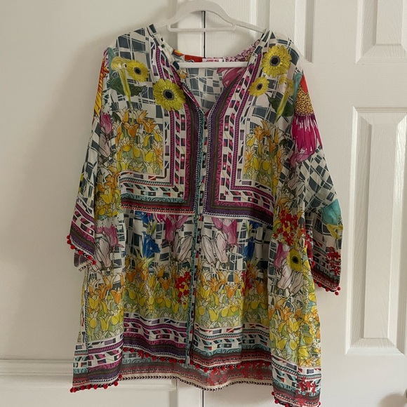 Johnny Was Theda Silk Tunic Top Sunflower Yellow Purple Boho 1X - Picture 3 of 8